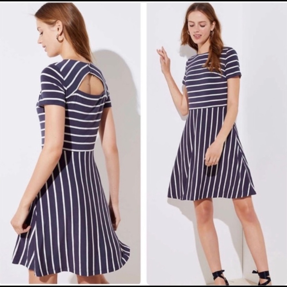 NWT Loft grey/blue and white striped skater dress, open back